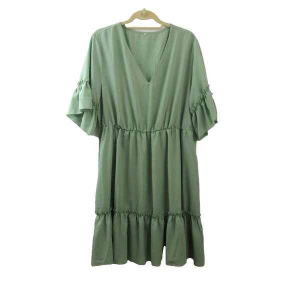 Shein Womens Dress Size 3XL Green Ruffle Tiered 3/4 Flutter Sleeve V-Neck Flowy - Picture 1 of 5